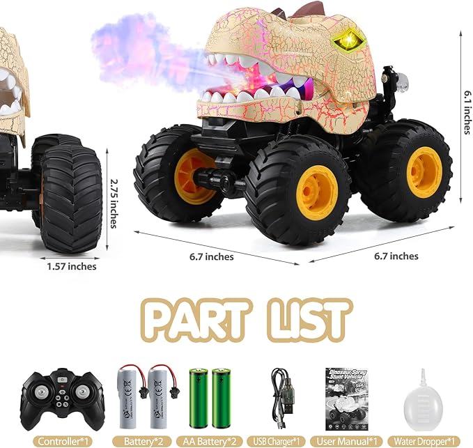 DYODYORC Remote Control Car 2.4Ghz All Terrain Dinosaur Monster Truck Toys RC Truck with Spay Music 3 Lighting Effects Stunt Capable Toy Gifts for Boys and Girls (Yellow)