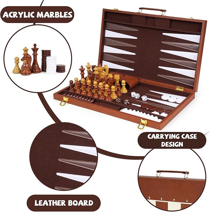 Large 3-in-1 Chess Set &amp Checkers Backgammon Set – 19 Folding Leather Chess Board with Handle Acrylic Chess Pieces &amp Checkers 4 King with 2 Extra Queens Luxury Travel Board Game Set