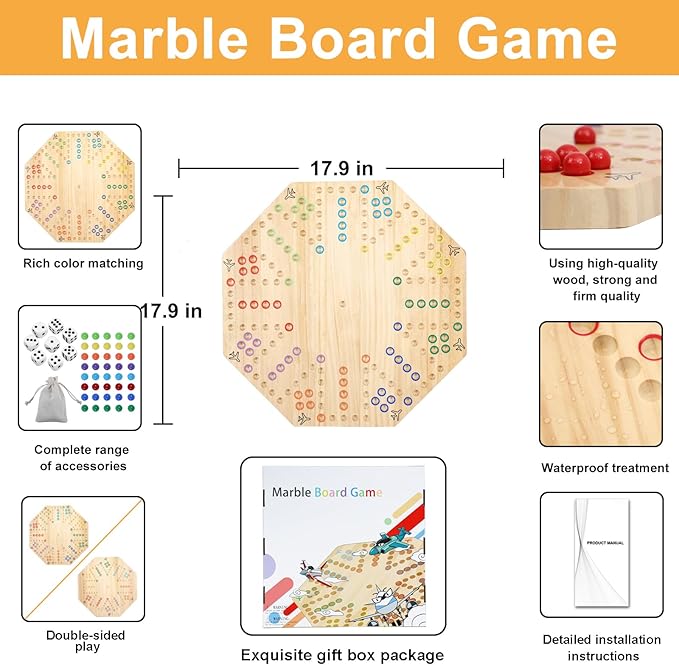 HOROW Wahoo Board Game Wooden Original Board Game Classic 2 Side Painted Fast Track Game for 6 Player and 8 Player with 32 Marbles8 Dices for Family Game Night(8-PlayerLog)