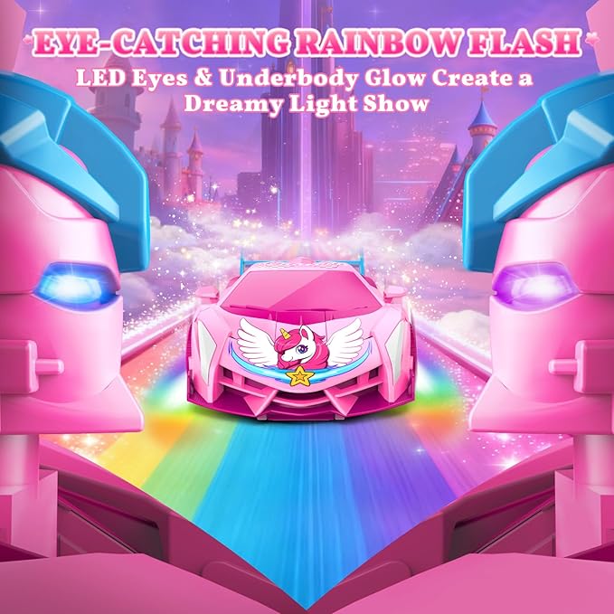 Unicorn Transform RC Cars for Girls Toys with Rainbow Eyes &amp Underbody Lights Fast 360°Rotation &amp 2.4GHz Robot Remote Control Car One-Button DeformationEaster Basket Stuffers for 3-12 Year O