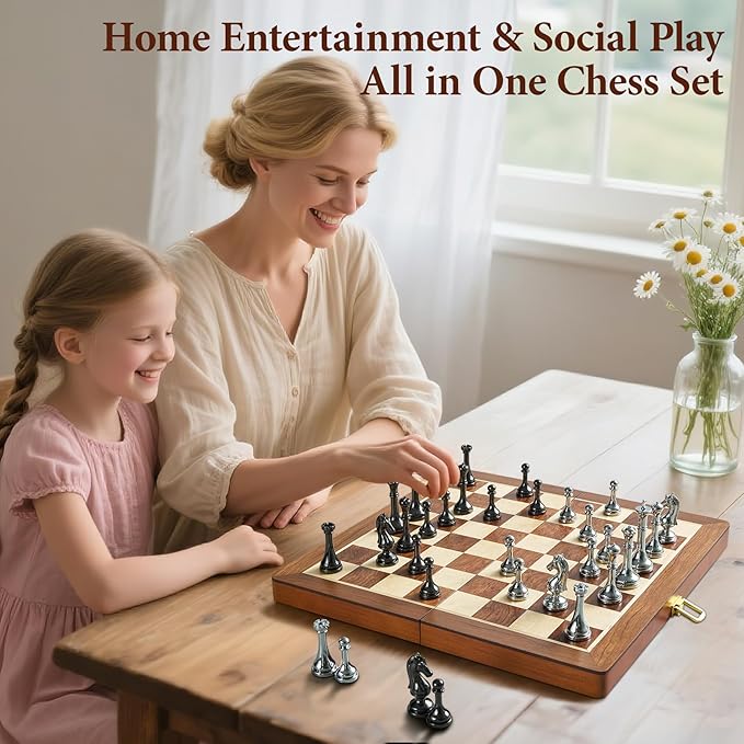 Metal Chess Set for Adults and Kids - 12 Inch Wooden Folding Chess Board and Metal Pieces Travel Portable Chess Set - Extra Queens &amp 2.5 King Ideal Gift for Chess Enthusiasts &amp Beginner
