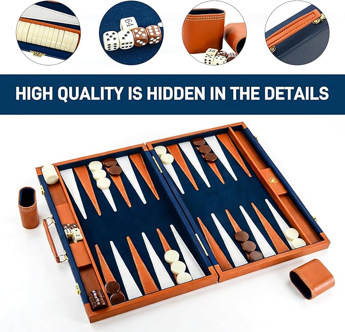 Backgammon Sets for Adults Large Backgammon Board Games Set 17.5 Inch Premium PU Leather Backga mon Game Portable Backgammon Case for Travel Classic Board Strategy Game Gifts Dark Blue