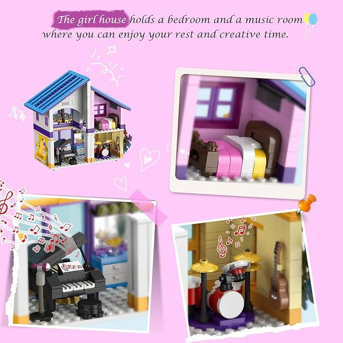 HOGOKIDS Girls House Building Set with LED Light - 1317 PCS Friends Villa Block Toy with Car and Pool Garden 4 Floor Building Kit for Role Play Birthday Gift for Girls Boys Kids Ages 8-14+