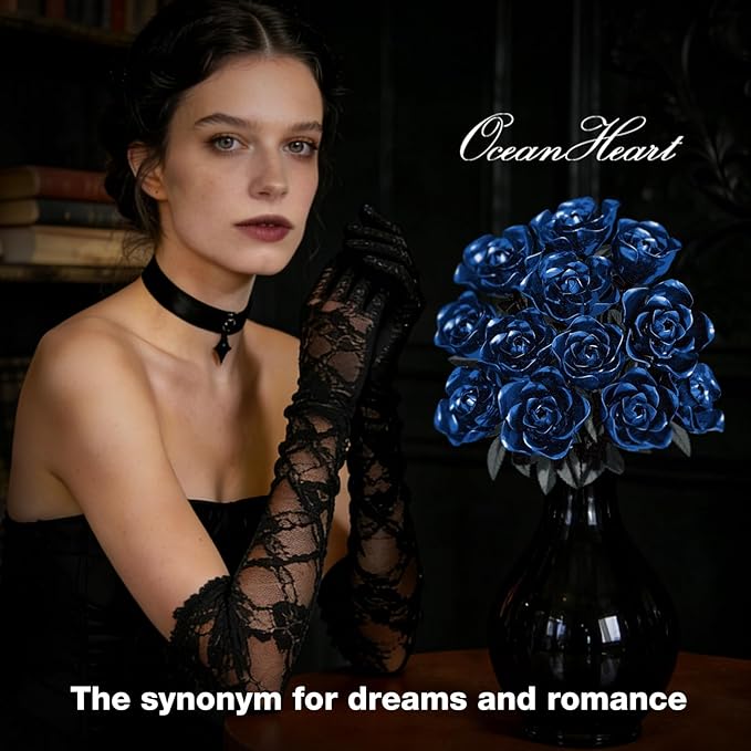 Rose Rotating Everlasting Flower Building Set (866PCS) Compatible Artificial Bouquet Elegant Home/Office Decor Accent for Tabletop Display Long-Lasting Home Decoration (Blue)