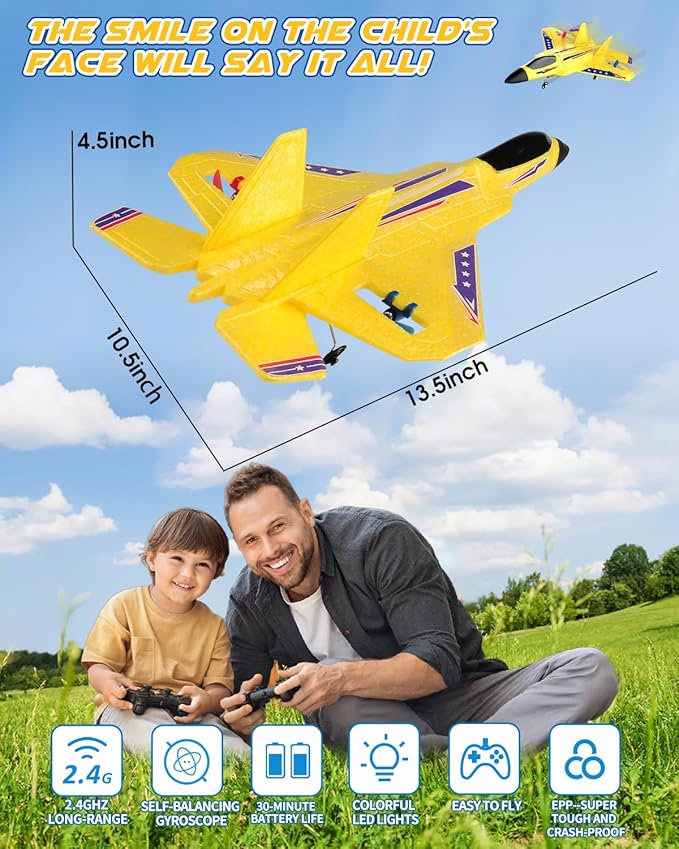 RC Plane F22 RC Airplane 2. 4GHz Foam Remote Control Airplane with Gyro Stabilizer/LED Light/2 Rechargeable Batteries Easy to Fly RC Glider Jet Toy for Kids Boys Adults Beginners (Yellow)