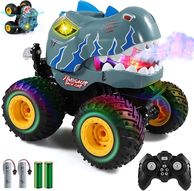 DYODYORC Remote Control Car 2.4Ghz All Terrain Dinosaur Monster Truck Toys RC Truck with Spay Music 360 Stunt Capable All Included Ready to Run Toy Gifts for Boys and Girls (Gray)