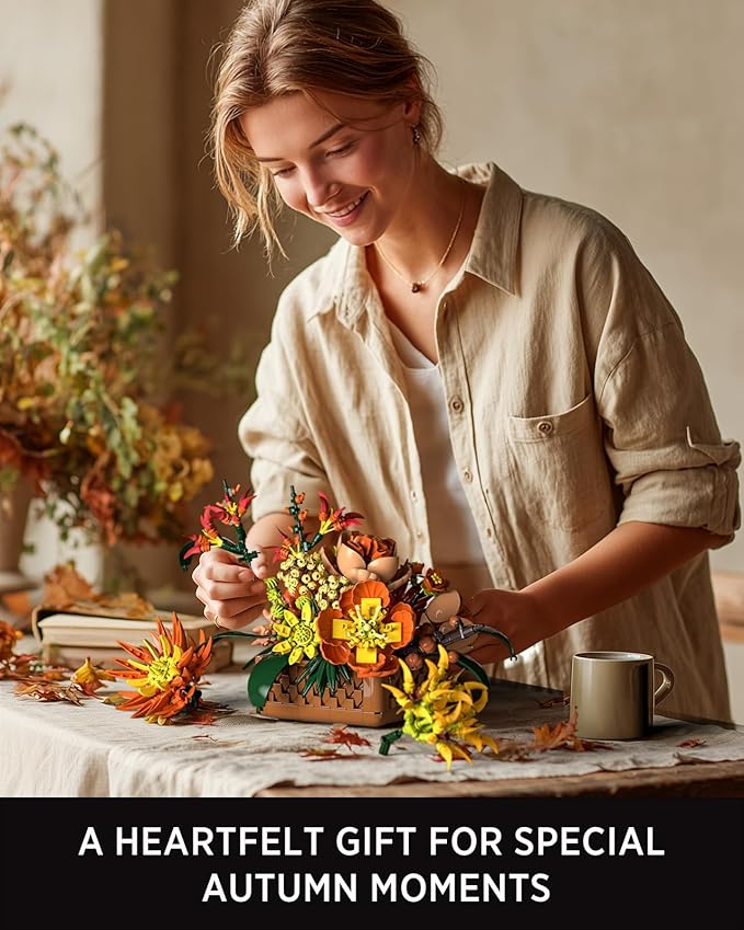 Nifeliz Floral Basket Building Set for Adults Fall-Inspired Flower Arrangement Decor Kit Seasonal Home or Office Display Mindful Gift Idea (1284 PCS NF10325)