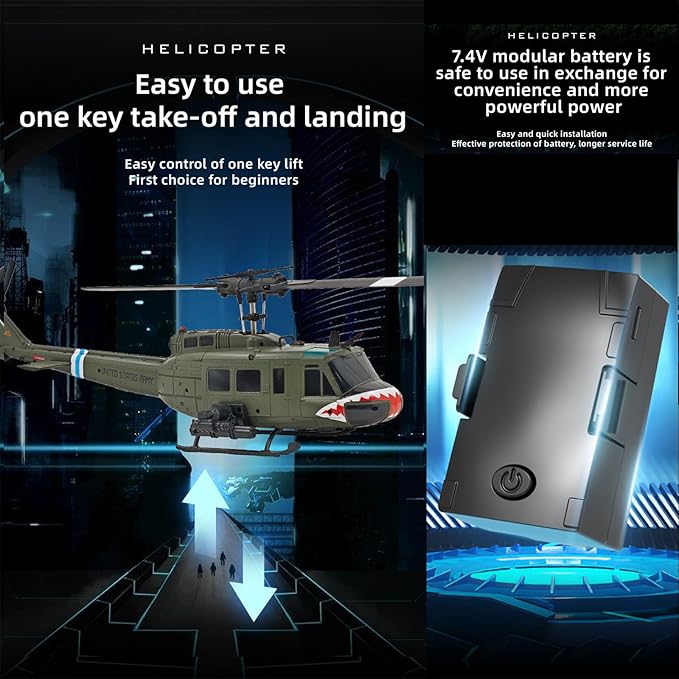 315MM UH-1 Remote Control Helicopter Aircraft for Adults Expert 6CH C032 Maintain Altitude Brushless Motor Optical Flow Positioning/Fly Upside Down 3D Rolling Hobby RC Heli (RTF 2Battery)
