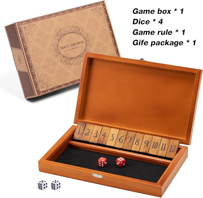 Shut The Box Dice Game with 12 Numbers and Lid Wooden Classic Board Game with 4 Dice Gift Package &amp Game Rules Close The Box Game for Kids Adults Family Classroom Home &amp Pub
