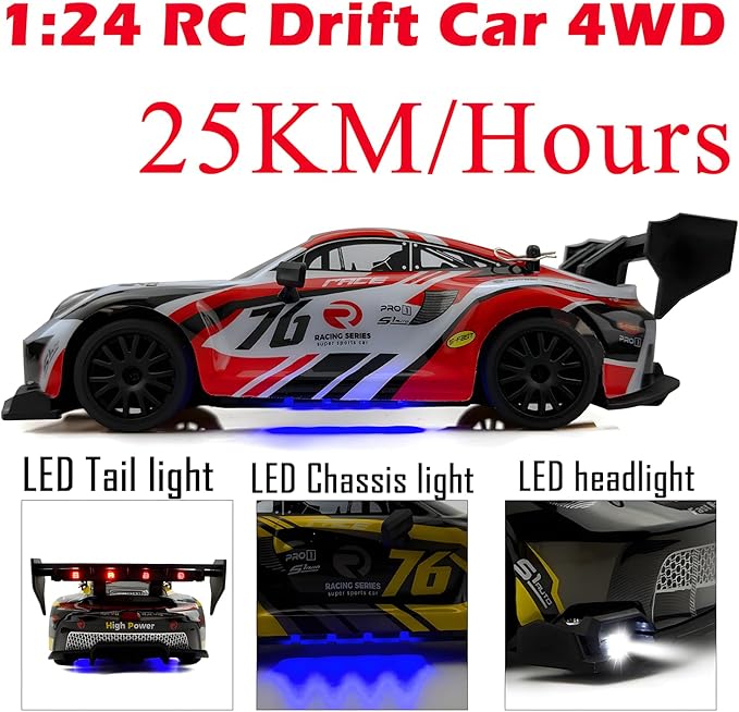 RC Drift Car 1:24 2.4GHz with LED Light Race Car Toys for Boy Girl 8-12 Years Old Speed Adjustable 25Km/HHigh Speed RC Racing Cars Perfect Toy Gift for Boys &amp Girls