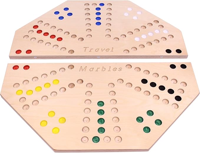 AmishToyBox.com Travel Marble Chase (Cards N' Marbles) Wooden Board Game Set - Double-Sided 23 Wide Board - Includes Carry Bag Marbles and Playing Cards