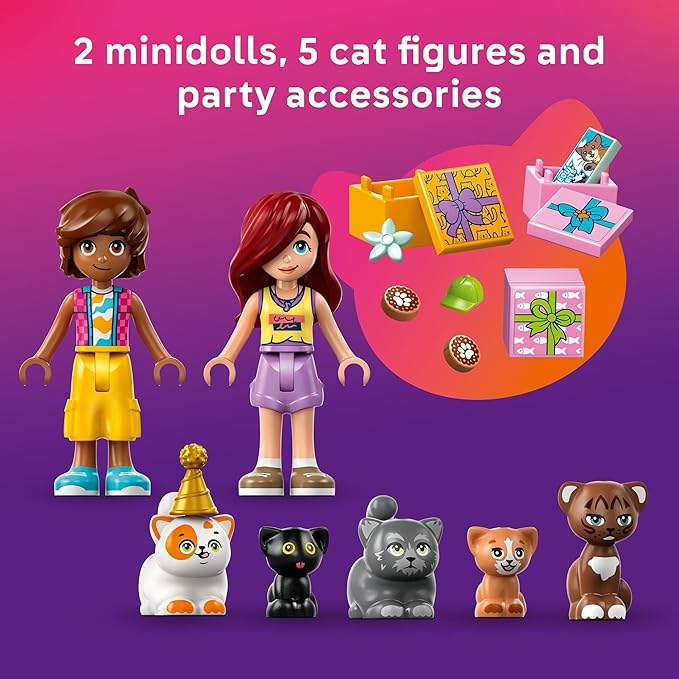 LEGO Friends Cat Birthday Party &amp Tree House Building Toy - Pretend Play Building Blocks W/Cat Toys &amp 2 Minidolls - Creative Storytelling Kids Toy for Girls and Boys 9+ - Birthday Gift Idea-