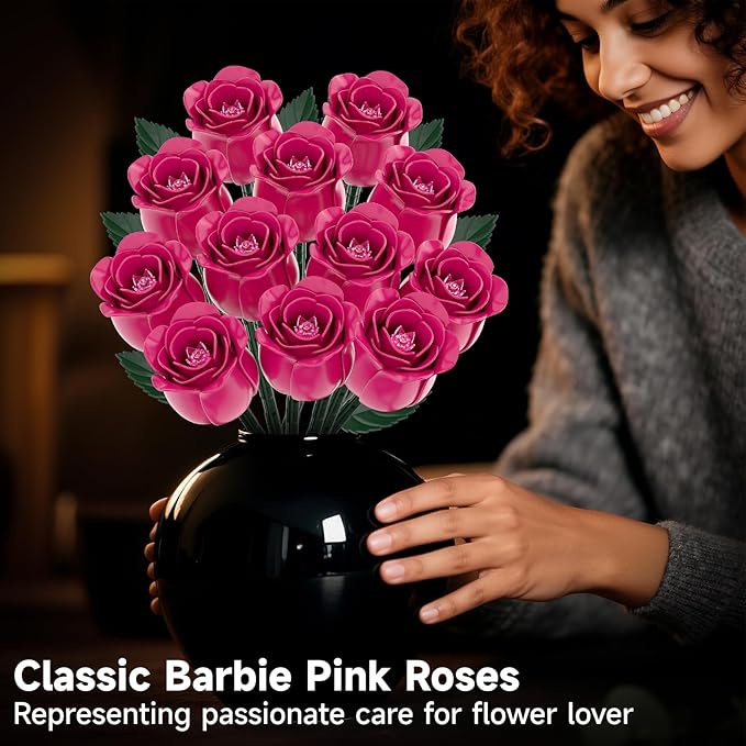 12 Everlasting Pink Roses Bouquet Building Set Gothic Home Office Table Centerpiece Flowers Decor with Heart-Shaped Gift Box Base Perfect Valentine's Day Gift for Her Mom Girlfriend or Wife