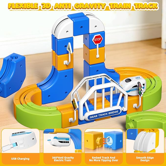 Electric Train Set Flexible Racetrack for Kids 3-8 124PCS(36Track +1 Train) Train Track Gravity-Defying Race Track 3D Embedded Layouts STEM Educational Building Toy Gifts for Boys Girls