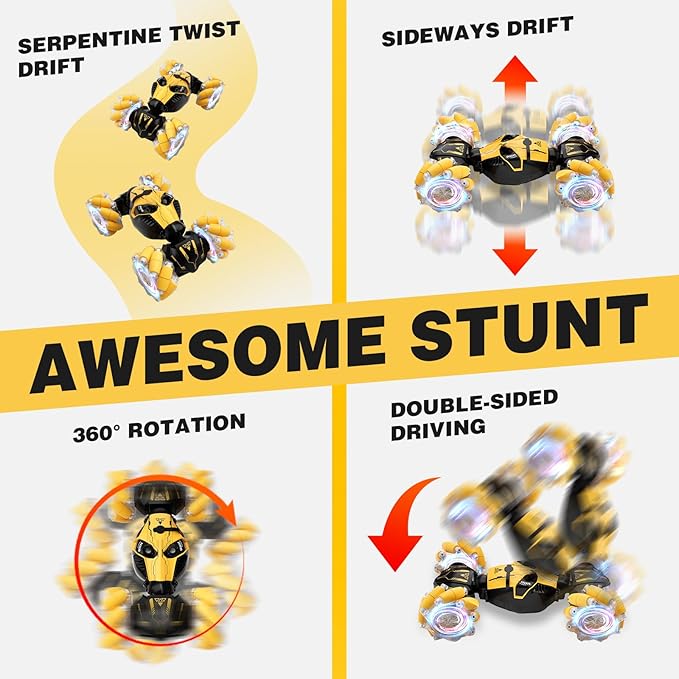 Remote Control Car for Boys 8-12 4WD Gesture Sensing RC Stunt Car 2.4Ghz with Lights Music Sprayer RC Cars for Boys Age 4-7 8-12 Hand-Controlled Cars Toys Birthday Gifts for Kids Girls Yellow