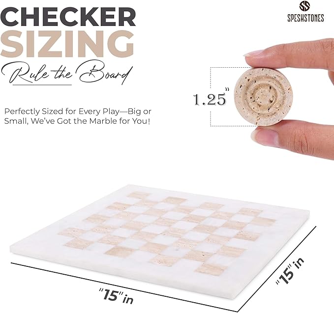 Marble Checkers Set 15 Inches Handmade White and Travertine Checkers Board Game with Checker Pieces - Board Games for Adults Game Table Accessories Gifts &amp Home Décor