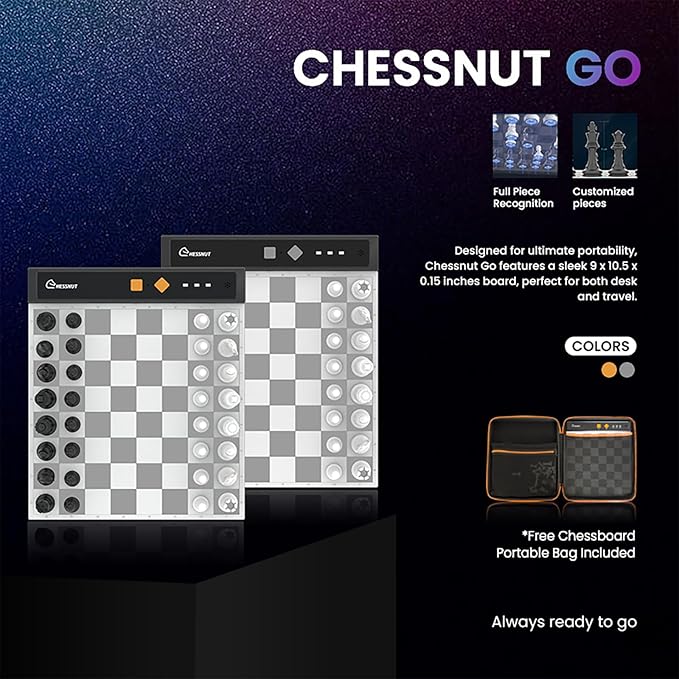 Chessnut Go Ultimate Portable Travel Electronic Chessboard with Full Piece Recognition and Strong Magnetic Adhesion - Perfect Desk or Travel Size（Orange）
