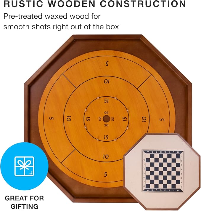 Tournament Crokinole &amp Checkers | Classic Dexterity Board Game for Two Players | 24 Black &amp White Discs &amp Game Board | 30 Inch