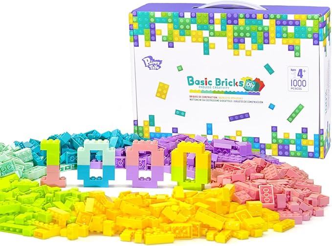 Classic Building Bricks Playset 1000 Pieces Bulk Blocks Set Accessories Compatible with All Major Brands Parts and Pieces STEM Toys for Kids 4+ Years Old (Pastel)