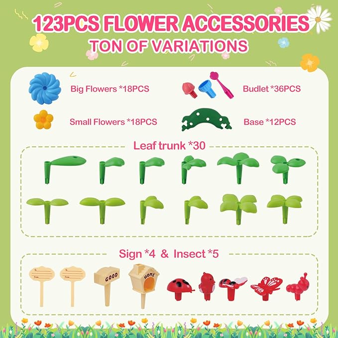 Flower Garden Building Toys for 3-7 Year Old Girls - Best Birthday Gifts for Toddler Ages 3-5 5-7 Educational Kit with 120+ Pieces Stacking Pretend Play Set for Preschool Kids