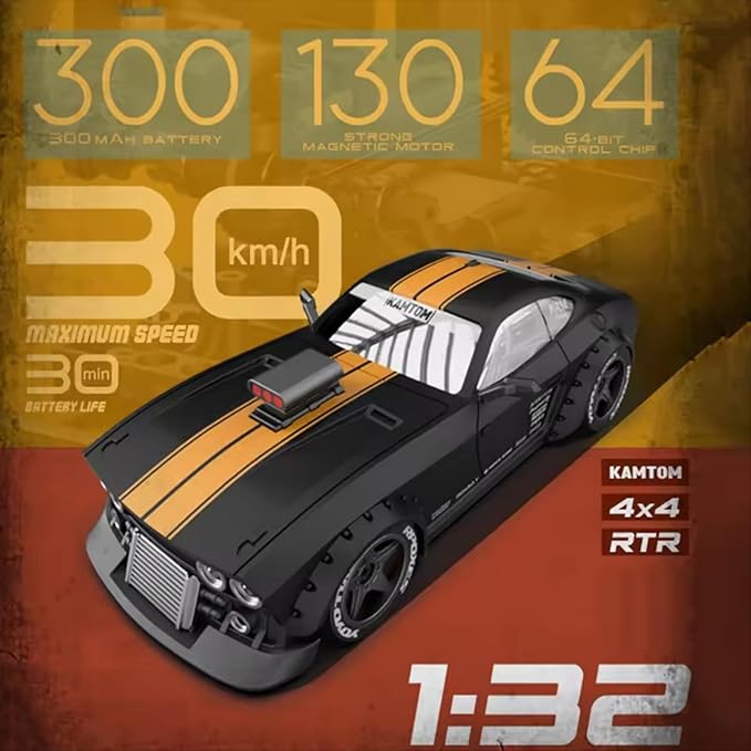 RC Drift Car 1/32 Scale High-Speed 4WD Mini Electric Remote Control Car 30 km/h with Gyro Stabilization and LED Lights Suitable for Adults (KM3299-Black)