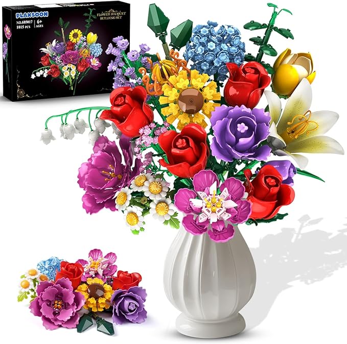 Flower Bouquet Building Set Easter 18 Flowers Rose Building Block Botanical Collection Building Block Toy Plant Home Decor 1015 PCS Gift for Her Adults Women Kids Boys Girls 12+