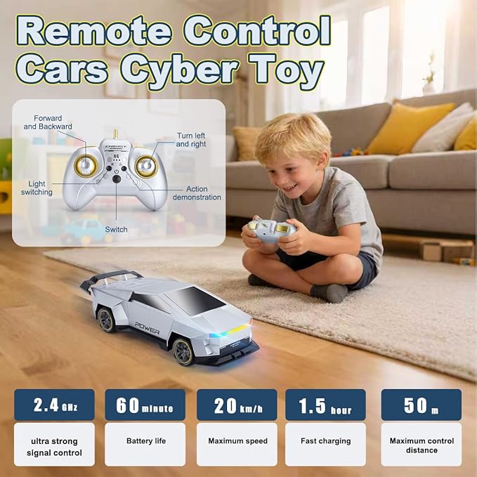 Remote Control CarAll Terrain 2.4GHz RC Truck for 3-12 Year Old Boys Electric Vehicle RC Car with LED Lights for Kids Birthday Gifts for Kids (Silver)