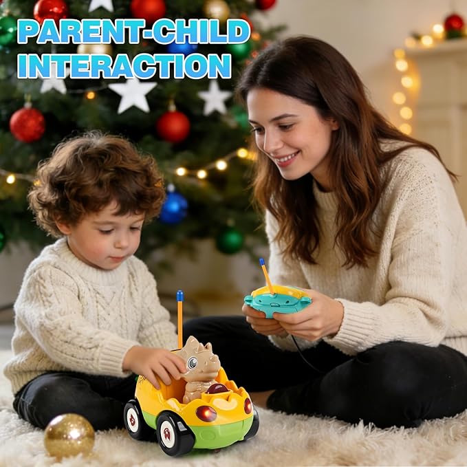 Remote Control Dinosaur Car Toy for Toddlers - Birthday Gift for Boys Ages 18+ Months 2 3 4 5 Year Old - RC Dino Vehicle with Lights and Music Easy Control Toy for Kids