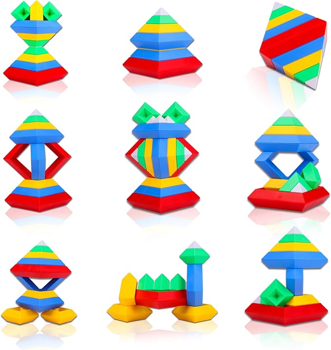 Slyder Set: 60 Pieces 3D Pyramid Building Blocks Geometric Stacking Toys for Kids Ages 4+ - Creative Early Childhood STEM Educational Toys for Preschool Boys and Girls