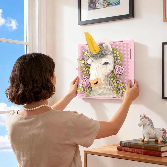 Pink Flowers Unicorn Animal 3D Wall Art Micro Mini Building Blocks Set Unique Home Wall Decor or Table Display No Compatible with Lego Ideal Gift Toy for Adults &amp Boys Girls 14+ (1349 PCS)