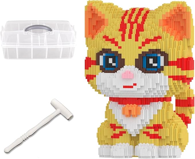 Cat Building Blocks with Organizer Bins | Yellow | Micro 3D Animal Building Blocks | 3000PCS | Gift for Adults and Kids | Home &amp Office Decor | RQ8889