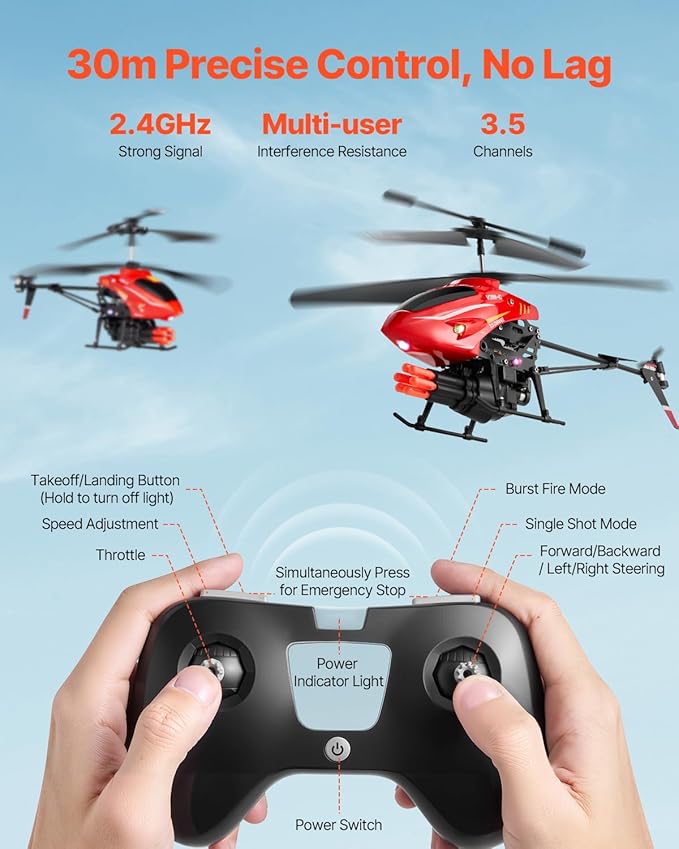 VEVOR RC Helicopter 2.4GHz Flying Remote Control Helicopter with Shooting Mode 3.5 Channel RC Airplane for Kid Altitude Hold One-Key Takeoff/Landing &amp LED Lights Toys for Kids