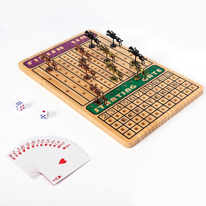 Horse Race Board Game with 11 Luxury Metal Horses 4 Dice 2 Card Boxes and Thickened Wood Game Board for 2-11 Players Family Party for Adults Teens &amp Kids Horse Racing Game