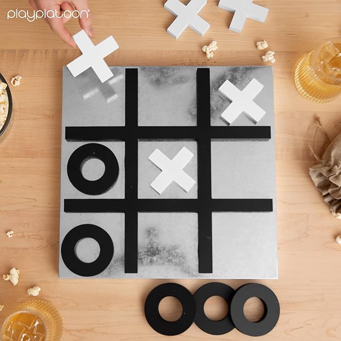 Play Platoon Magnetic Tic Tac Toe Game - Large Metal and Wooden Wall Mounted Board Games - 13.5 Inch Table Top or Wall Mounted Farmhouse Rustic for Game Room - Black &amp White
