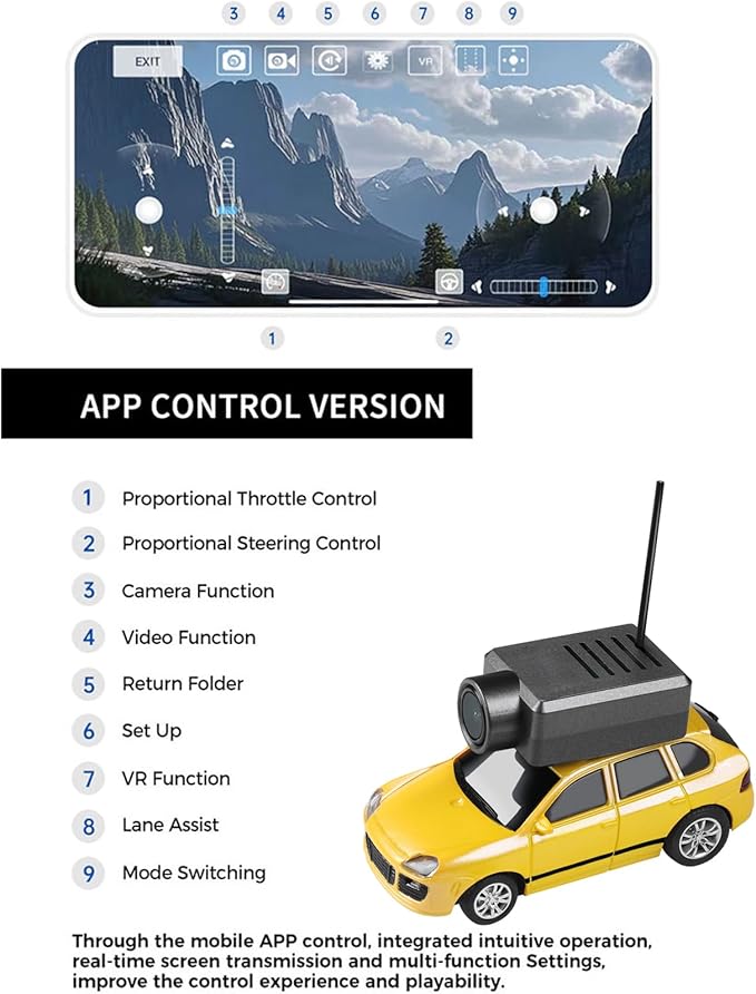 Mini RC Drift Car 1:64 Scale Mini RC Car with Camera and Radio Transmitter 2.4GHz Transmitter and APP Controlled Toy Vehicle with HD Magnetic Camera LED Lights Fun Toy for (Yellow)