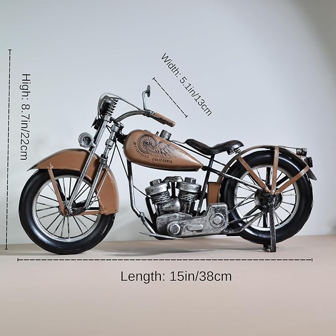Vintage Metal Motorcycle Sculpture - Handmade Industrial Iron Motorbike Model Art - Retro Copper Desk Decor for Office and Home - Unique Collectible Gift for Men Dads and Biker Enthusiasts