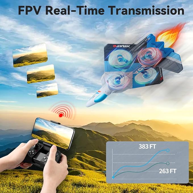 4DRC V39 Foam Remote Control Airplanes RC Planes with CameraRC Airplane Fighter Jet with LightGravity Control Auto-Follow Trajectory FlightOne Key Take Off 2 BatteriesBlue