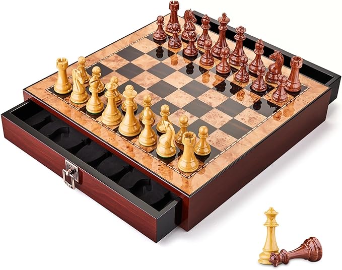 AMEROUS 17 inches Wooden Chess Set with High Polymer Weighted Chess Pieces / 2 Built-in Storage Drawers / 2 Extra Queens / 3.75'' King Classic Board Game
