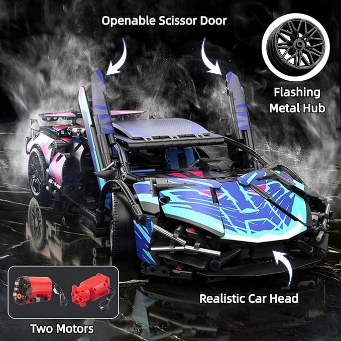 DIY RC Kit - 1280PCS Building Blocks for Adults &amp Kids 1:14 Scale Remote Control Sports Car with LED Lights STEM Building Blocks for Creative Play