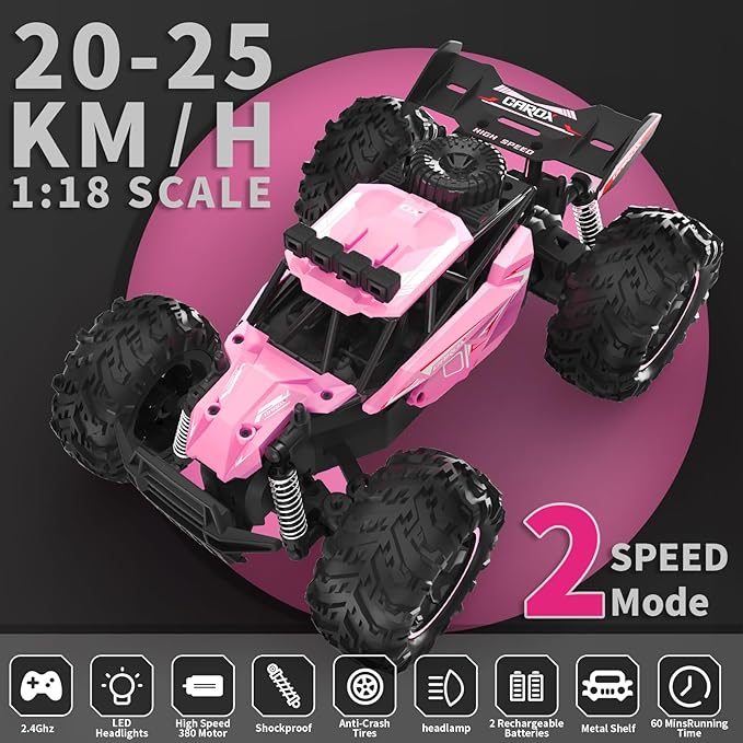 Carox Remote Control Car 2.4GHz 25KM/H High Speed RC Car 1:18 Off-Road Monster Truck with LED Lights and 1800mAh Rechargeable Battery – Ideal Gift for Boys 6+