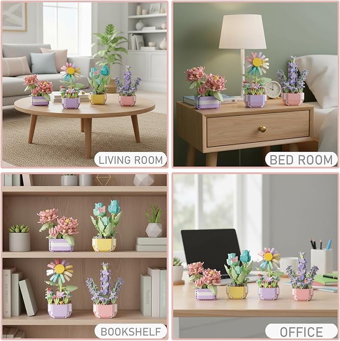 Mini Flower Bouquet Building Sets - Botanical Collection Artificial Flowers for Home Decor Creative Easter Gifts for Teens Girls &amp Adults (Chrysanthemum sunflower tulip lavender set of four)