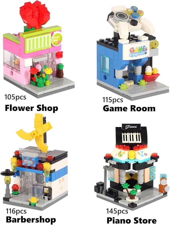 8 in 1 Mini City Street Scene Building Blocks Set - 8 Pack Toy Shops: Beauty Supermarket Music Fruit Bookstore+ (894 PCS) | Gift for Kids 6+ - Birthday|Easter|Holiday