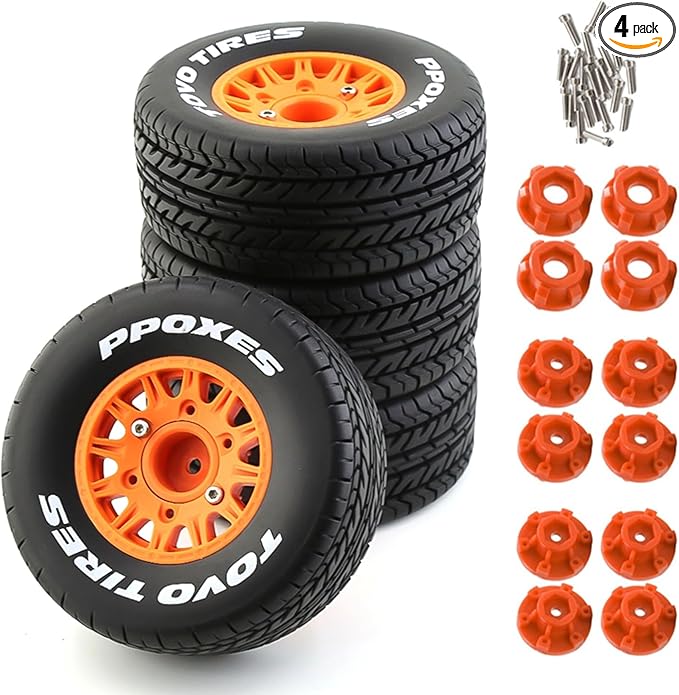 1/10 RC Short Course Truck Tires And Wheels With 12mm 14mm 17mm Hex 113mm 1/8 Rubber Tyres For 1/8 or 1/10 Scale On Road Car HSP Sonic 94102 GT PTG-2 Tamiya TT02 RC Racing Car 4PCS (Orange A)