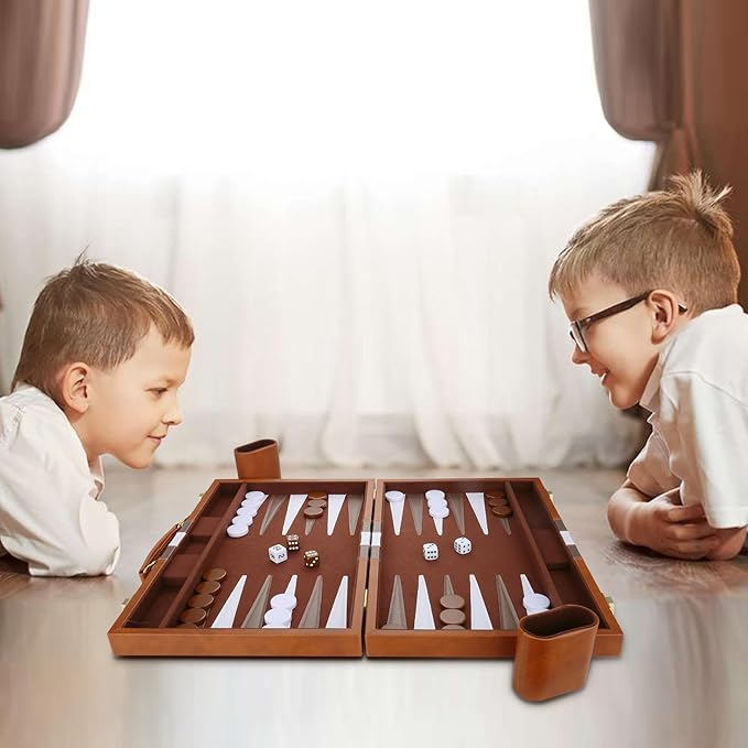 Backgammon Set - Classic Board Game with Premium Leather Case - Portable Travel Strategy Backgammon Game Set for Adults Kids (18inch Brown)