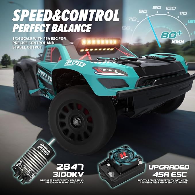 Hosim Brushless Fast RC Cars for Adults Max 50mph 1/14 RTR 3S Electric Power 4x4 RC Truck All Terrain Off Road RC Car Waterproof High Speed Hobby RC Remote Control Monster Trucks for Snow/Sand/Beach