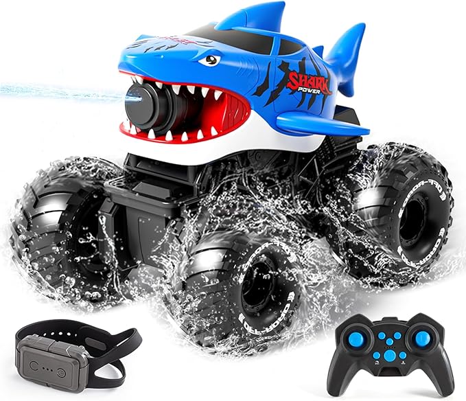 Gesture Sensing Amphibious Remote Control Shark Monster Truck with Water Squirt 4WD 1:16 RC Car All-Terrain Waterproof RC Tank Pool Toy Outdoor Summer Gifts for Kids Age 6+（With 2 Replaceable battery)