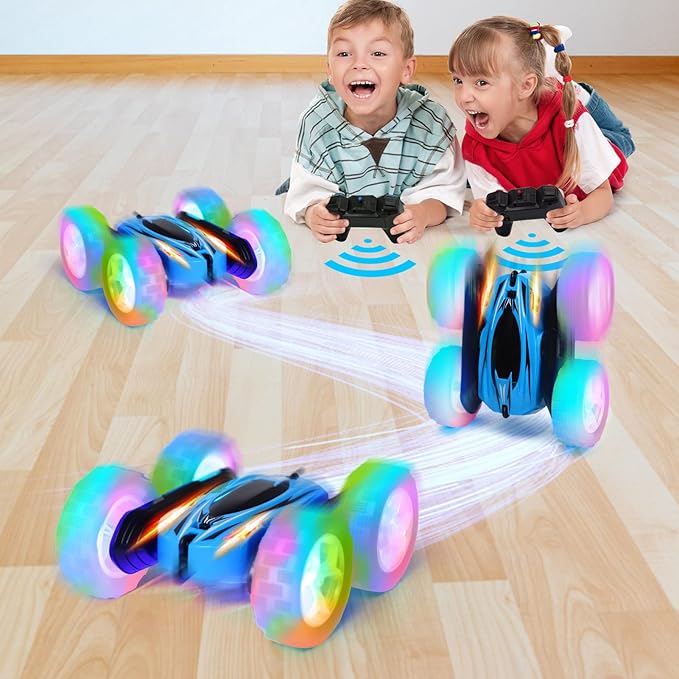 2 Pack Remote Control Car Toys for Kids RC Stunt Cars with Wheel Lights 2.4GHz Drift High Speed 4WD Off Road Double Sided 360° Rotating Cars for Boys Girls