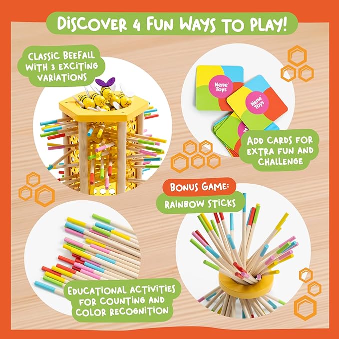 Nene Toys BeeFall Jumbo 4-in-1 Wooden Honey Bee Toy for Kids Ages 3-9 - Educational Game with Wooden Honeybee Hive 12 Bees Colorful Sticks Dice &amp Cards - Fun Family Game for Cognitive Developm