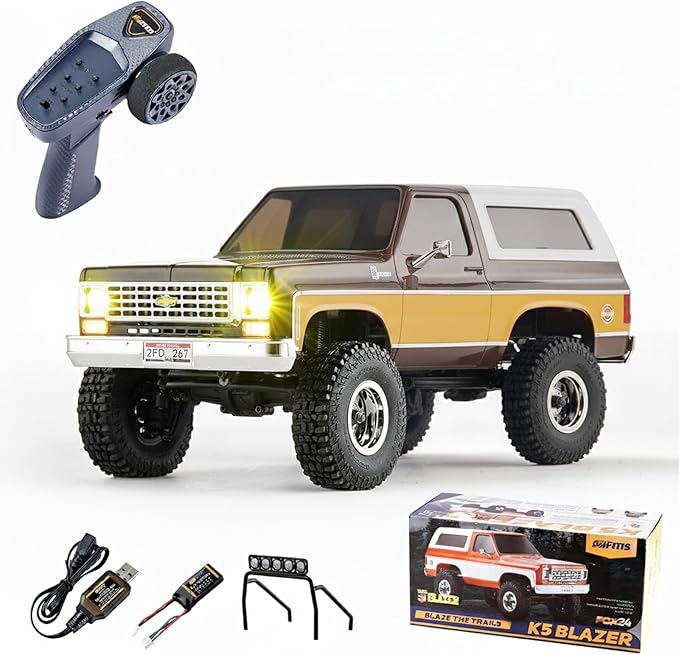 FMS FCX24 1/24 RC Crawler Chevy K5 Blazer Officially Licensed Mini RC Car Pick Up Truck and SUV 2 in 1 4WD 8km/h 2 Speeds SwitchOff-Road 4x4 RC Model with LED Lights for Adults and Beginner(Brown)