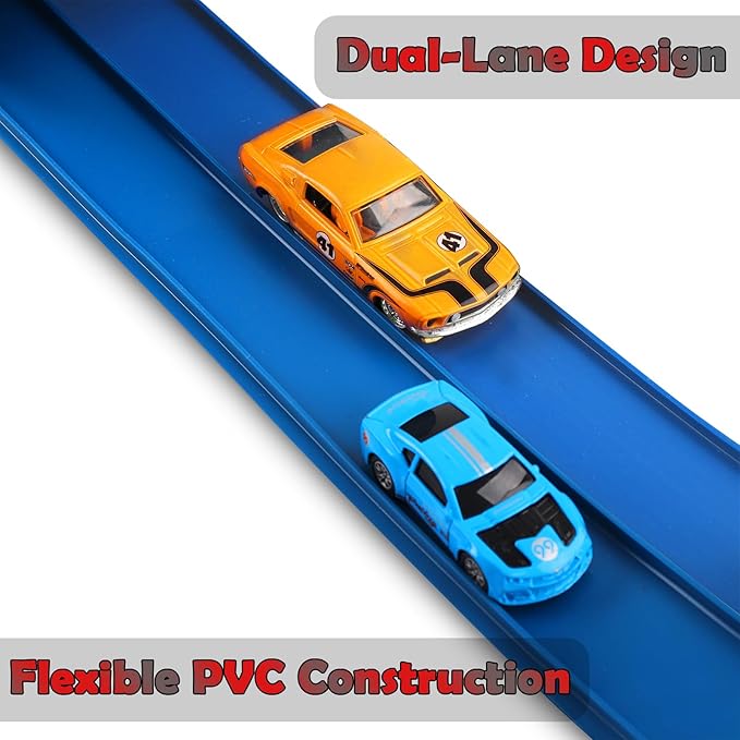Flexible Race Track 15 Ft Starter Set Flex Tracks for Kids 3+ with Strong Suction Cups Flexible Car Race Ramp Track Compatible with Hot Wheels and Diecast 1/64 Cars Portable Rolls Up Race Tracks